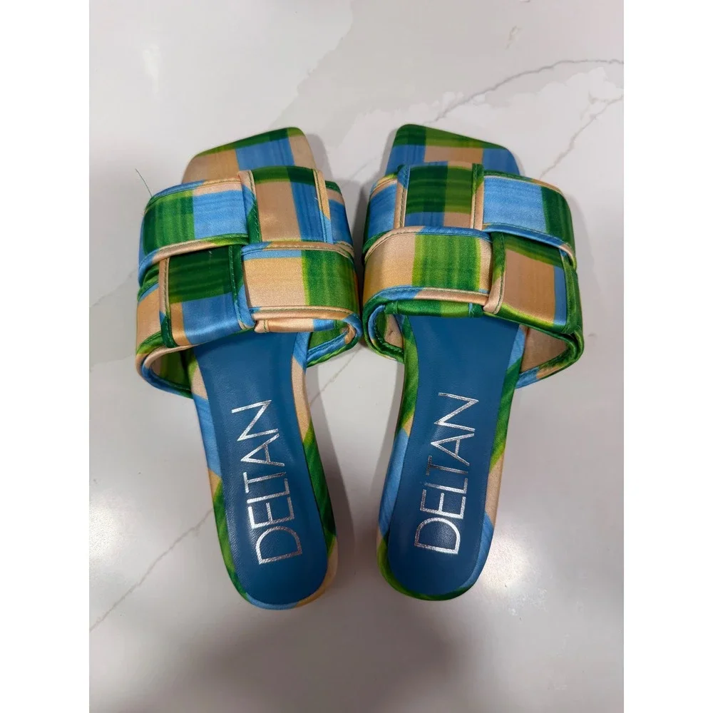Deltan Woven Plaid Slide Sandals Green Blue Yellow Square Toe Leather Sole 6.5M